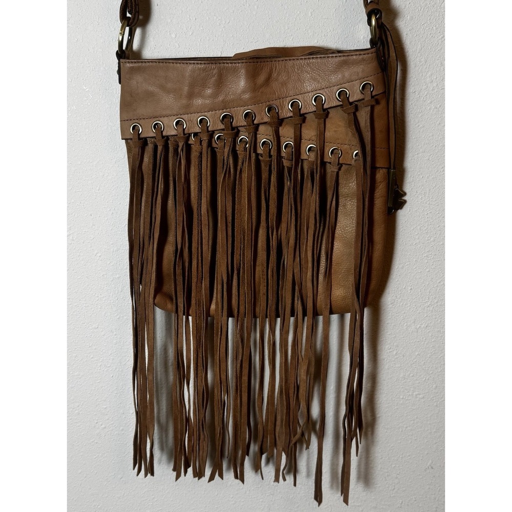 Lucky Brand Genuine Leather Fringe Crossbody Bag Tan Boho Western Purse
